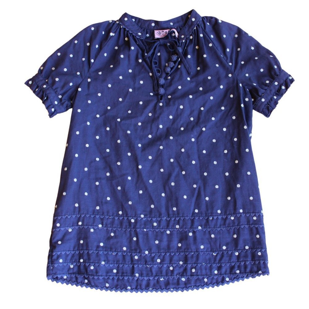 Juicy Couture Navy Blue Blouse w Short Puff Sleeves and Gold Embroidery 2 Small - Picture 1 of 7